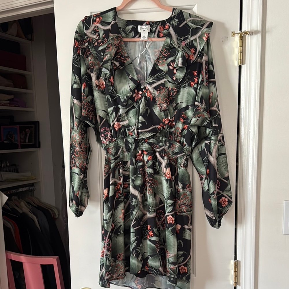 H&M Johanna Ortiz Tropical Long Sleeve Dress - Green and Black size small